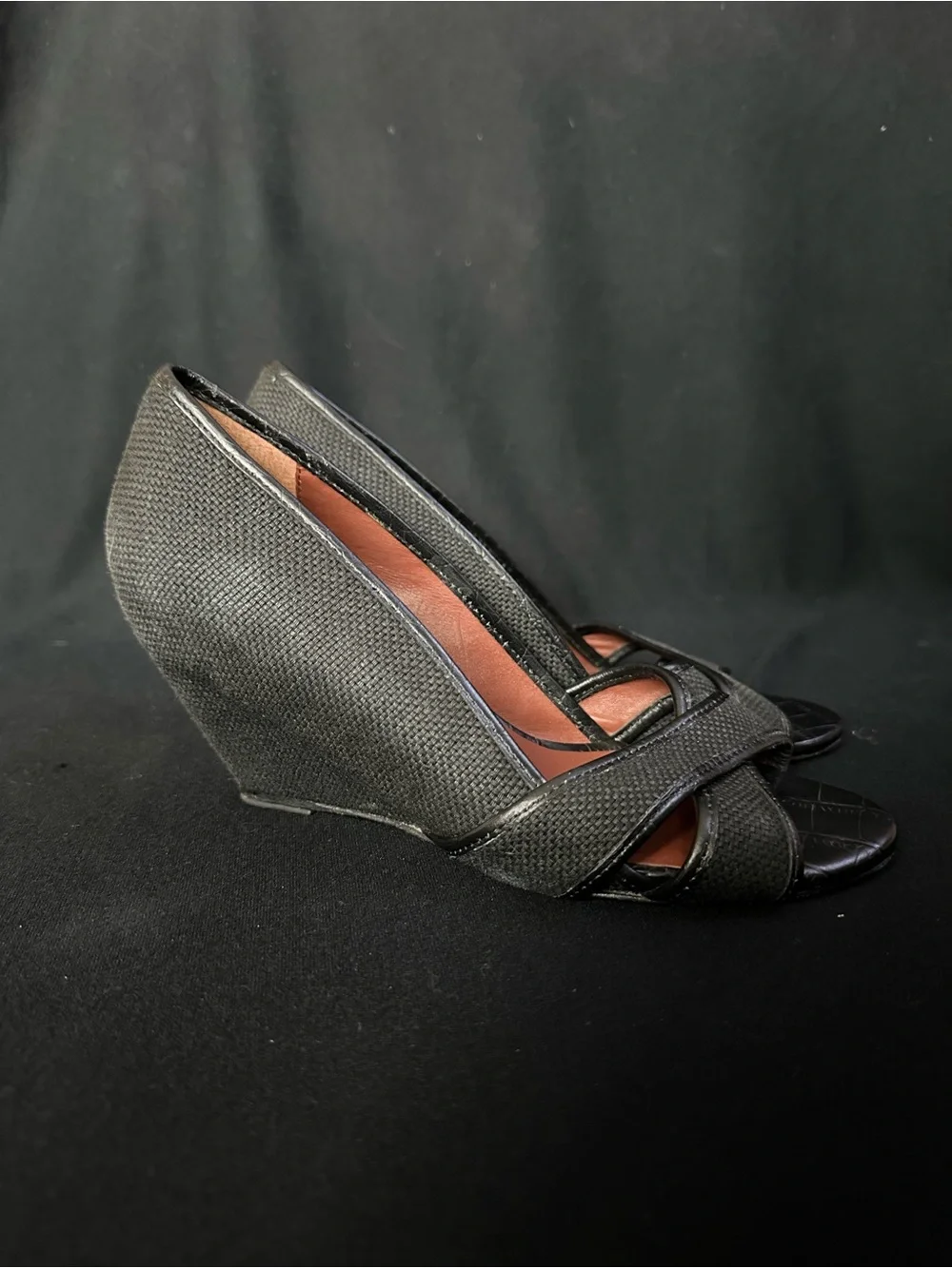 Elizabeth and James Black Textured Wedge Peep-Toe Pumps 6